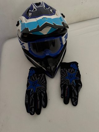 Casco Motocross Enduro Azul Blanco + Gafas Guantes