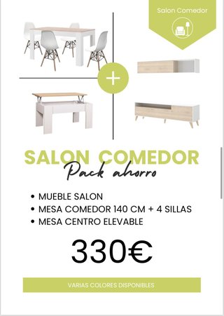 Pack Salón Comedor: Mueble, Mesa + 4 Sillas