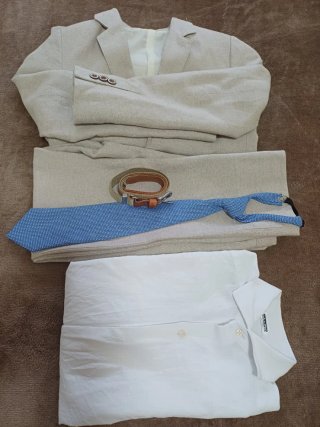 Traje Lino Niño Talla 9 Beige Azul