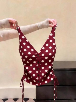 Chaleco vintage lunares rojo y blanco