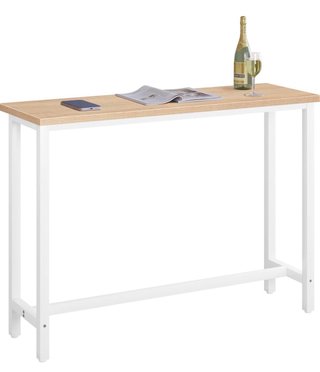 Mesa alta cocina madera y metal con  2 taburetes.