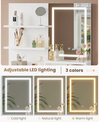 Tocador blanco con espejo LED y enchufe integrado