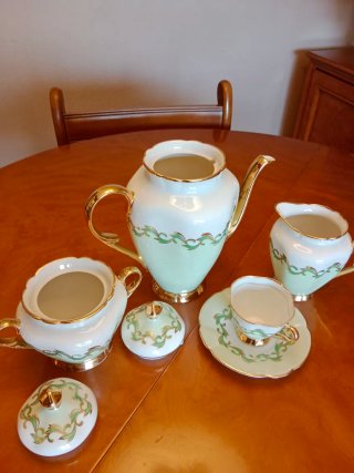 Juego de café o té porcelana oro y verde Bilasoa