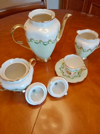 Juego de café o té porcelana oro y verde Bilasoa