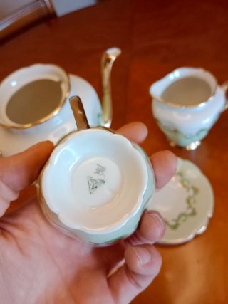 Juego de café o té porcelana oro y verde Bilasoa