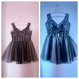 Vestido corto encaje negro y beige