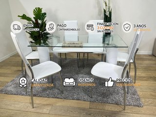 MESA CRISTAL CON 6 SILLAS PATAS CROMADAS