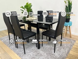 MESA CRISTAL TEMPLADO EXTENSIBLE + 6 SILLAS