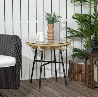Tavolo rotondo da giardino in vetro e rattan