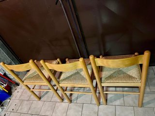 Set 3 sedie legno massello e paglia intrecciata