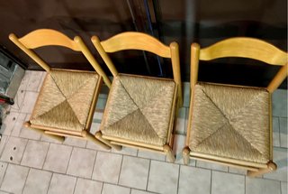 Set 3 sedie legno massello e paglia intrecciata