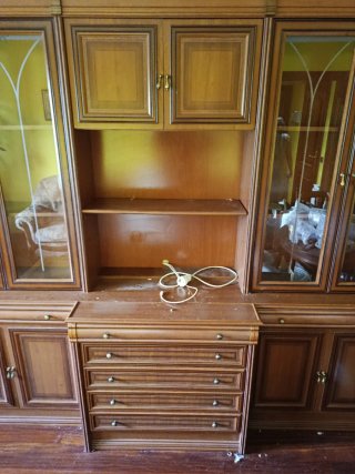 Mueble de madera con vitrina