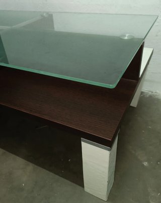 Mesa Centro Cristal y Madera Salón Blanco-Wengué