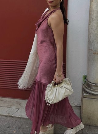 Vestido largo combinado rosa y dorado