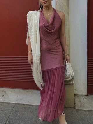 Vestido largo combinado rosa y dorado