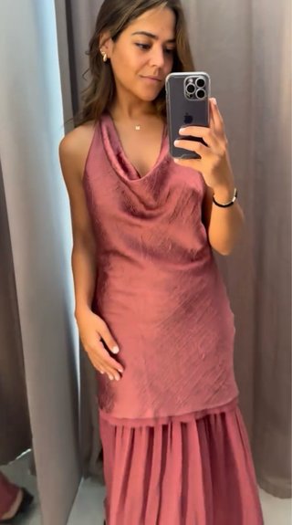 Vestido largo combinado rosa y dorado