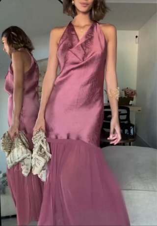 Vestido largo combinado rosa y dorado