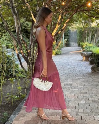 Vestido largo combinado rosa y dorado