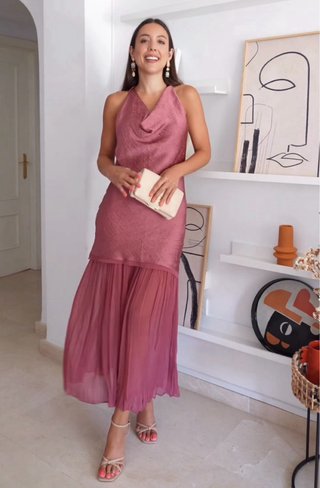 Vestido largo combinado rosa y dorado