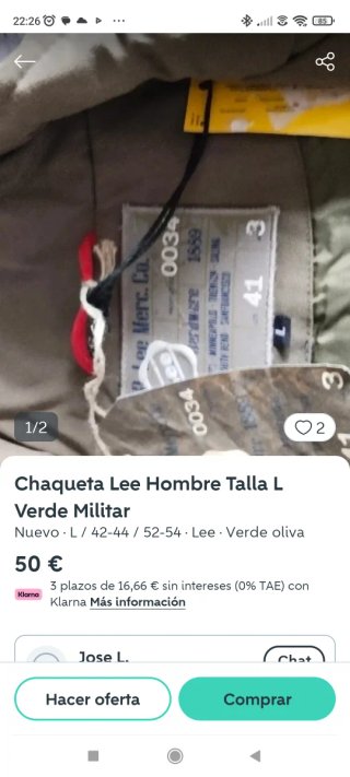 Chaqueta Lee Militar Talla L Verde Oliva