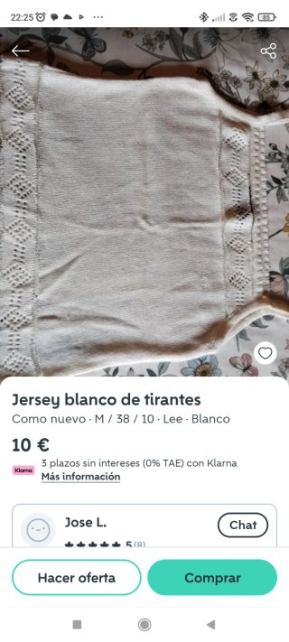 Jersey blanco tirantes Lee talla M