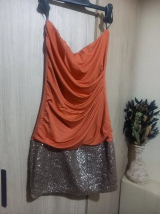 Vestido corto lentejuelas naranja y dorado