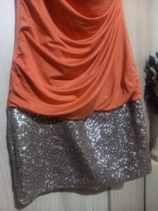 Vestido corto lentejuelas naranja y dorado