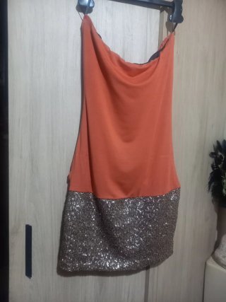 Vestido corto lentejuelas naranja y dorado