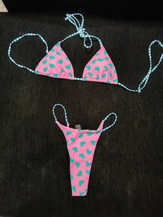 Bikini Tanga Completo Corazones Rosa y Turquesa
