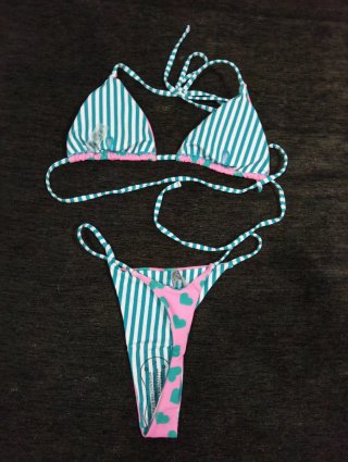 Bikini Tanga Completo Corazones Rosa y Turquesa