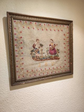 Cuadro antiguo bordado pareja