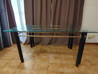 Mesa cristal comedor y 6 sillas lacado negro