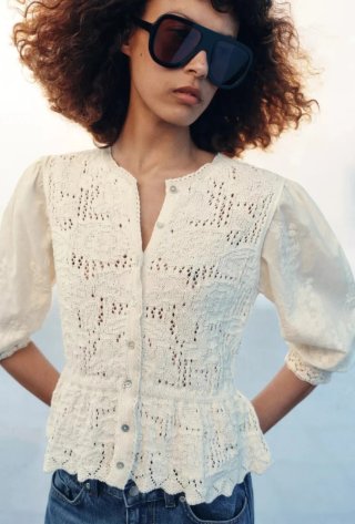 Jersey Zara punto manga abullonada bordada.