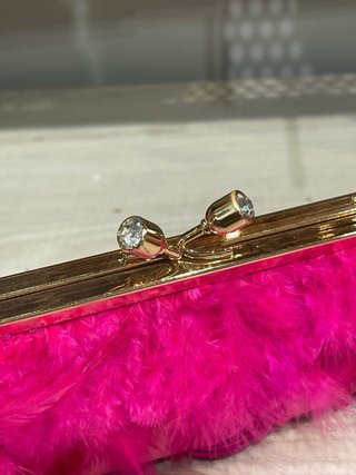 Bolso Clutch Plumas Fucsia y Dorado