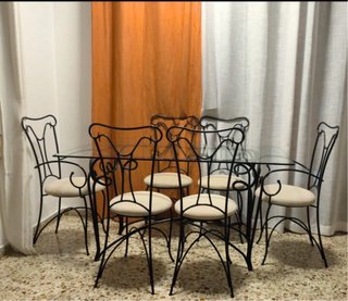 Mesa comedor forja y cristal + 6 sillas