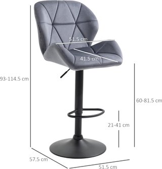 Set di 2 Sgabelli da Bar con Altezza Regolabile, Base in Metallo e Seduta in Velluto, Sgabelli da Cucina Girevoli con Schienale e Poggiapiedi, 51.5x57.5x93-114.5cm, Grigio