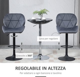 Set di 2 Sgabelli da Bar con Altezza Regolabile, Base in Metallo e Seduta in Velluto, Sgabelli da Cucina Girevoli con Schienale e Poggiapiedi, 51.5x57.5x93-114.5cm, Grigio