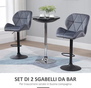 Set di 2 Sgabelli da Bar con Altezza Regolabile, Base in Metallo e Seduta in Velluto, Sgabelli da Cucina Girevoli con Schienale e Poggiapiedi, 51.5x57.5x93-114.5cm, Grigio
