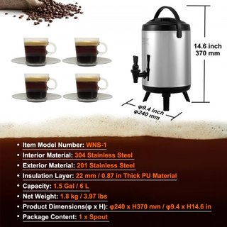 Dispensatore di Bevande Isolato in Acciaio Inox, 1,5 Gal/6 L, Dispenser Termico per Bevande Calde e Fredde con Manico a Rubinetto, Adatto per Tè Caldo, Caffè, Acqua, Ristorante...