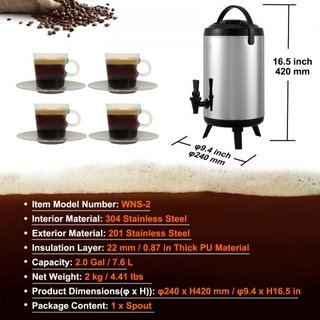 Dispensatore di Bevande Isolato in Acciaio Inox, 2 Gal/7.6 L, Server Termico per Bevande Calde e Fredde con Manico a Rubinetto, Adatto per Tè Caldo, Caffè, Acqua, Ristorante...