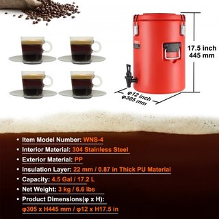 Dispensatore di Bevande Isolato in Acciaio Inox, 4,5 Gal 17,2 L, Distributore Termico Caldo e Freddo con Maniglia, Adatto per Tè Caldo, Caffè, Acqua, Resta...