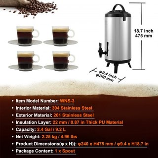 Dispensatore di Bevande Isolato in Acciaio Inox, 2,4 Gal 9,2 L, Distributore Termico Caldo e Freddo con Manico a Rubinetto, Adatto per Tè Caldo, Caffè, Acqua, Ristorante...