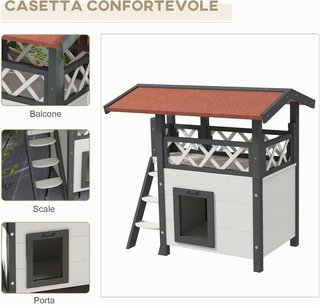 Casa para Gatos de Exterior con Terraza y Escalera, Cucha para Gatos y Pequeños Animales de Madera, 77X50X73Cm, Blanco y Gris