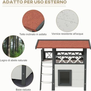 Casa para Gatos de Exterior con Terraza y Escalera, Cucha para Gatos y Pequeños Animales de Madera, 77X50X73Cm, Blanco y Gris