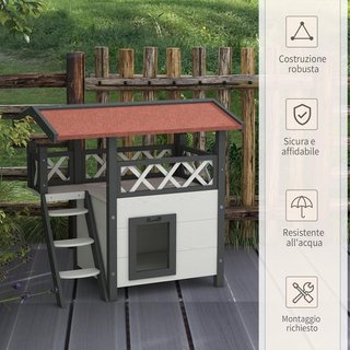 Casa para Gatos de Exterior con Terraza y Escalera, Cucha para Gatos y Pequeños Animales de Madera, 77X50X73Cm, Blanco y Gris