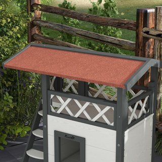 Casa para Gatos de Exterior con Terraza y Escalera, Cucha para Gatos y Pequeños Animales de Madera, 77X50X73Cm, Blanco y Gris
