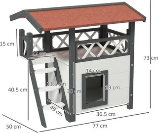 Casa para Gatos de Exterior con Terraza y Escalera, Cucha para Gatos y Pequeños Animales de Madera, 77X50X73Cm, Blanco y Gris