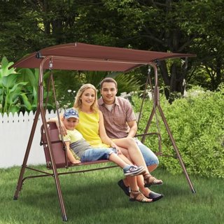 Silla Colgante para 3 Personas, Silla Colgante de Patio Exterior con Dosel Ajustable, Silla de Porche con Descansabrazos, Tela Teslin y Estructura de Acero Aleado, para Balcón, Jardín, Patio, Jard...