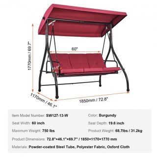Silla Colgante de Patio para 3 Personas, Columpio con Dosel Convertible, Patio Exterior con Dosel Ajustable, Cojín Grueso Desmontable y Estructura de Acero Aleado, para Balcón, Jardín, Junto a la ...