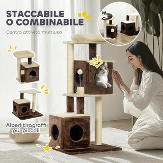 Rascador para Gatos, Ensamblado Libremente, Torre de Rascador de 107 Cm con 2 Casitas, Cama, Plataformas de Salto y Pelota de Juguete, en Madera, Felpa y Sisal, Multicolor